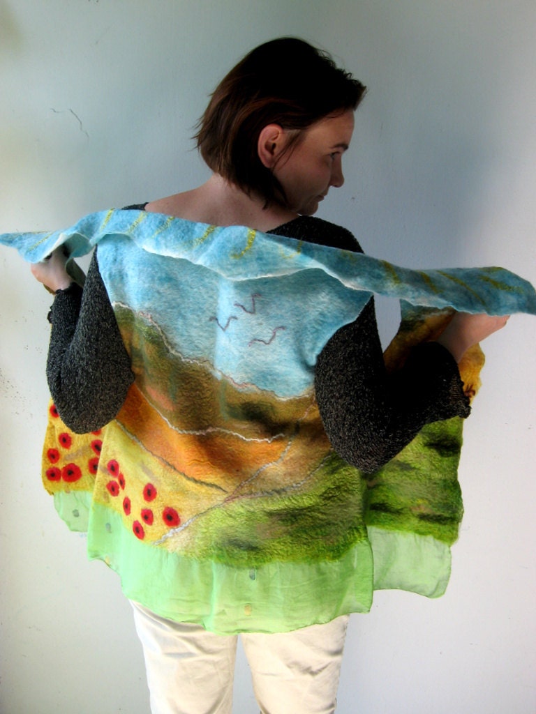 Felted  Art  Picture Vest  - Red Poppy field  (mixed merino wool and mulberry silk)