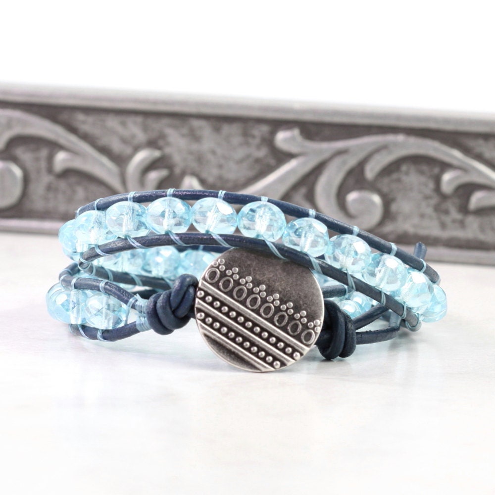 Baby Blue Leather Wrap Bracelet Baby Blue Summer Beach Fashion Double Wrap Boho Style Bohemian Jewelry Mothers Day