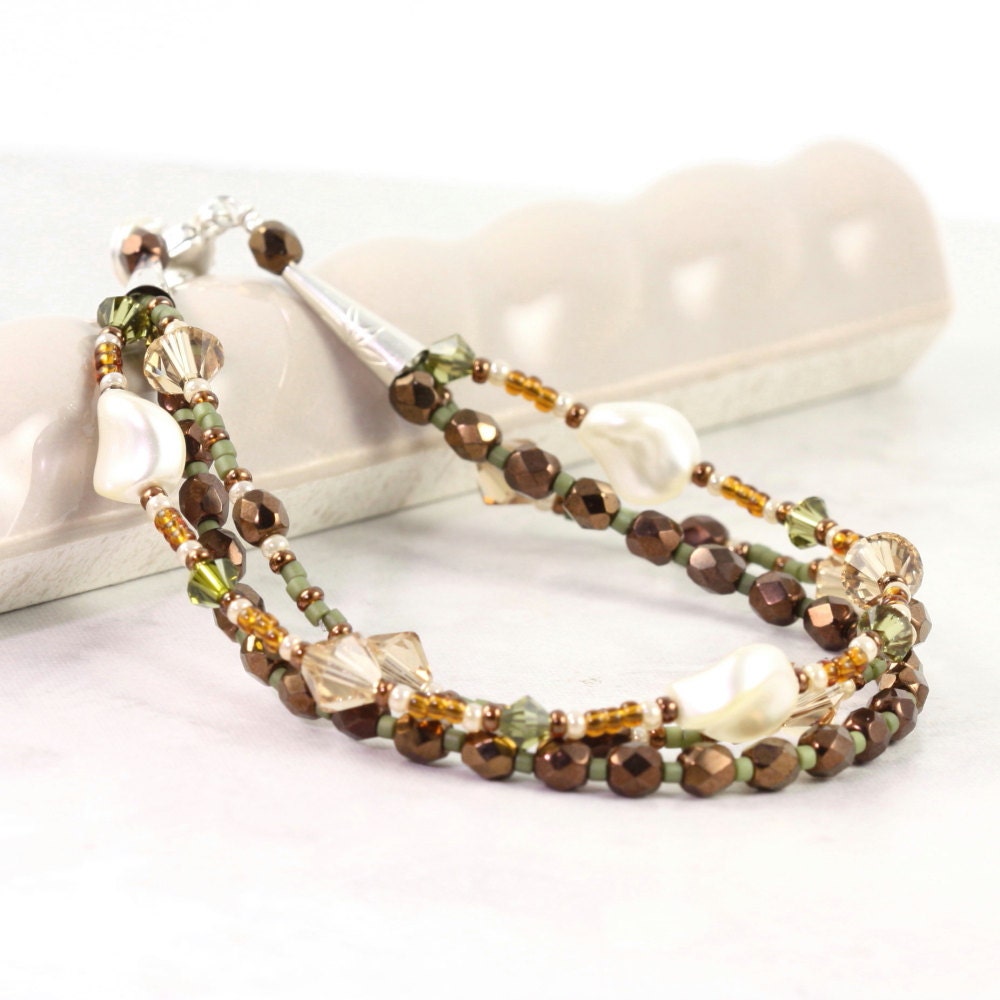 Multi Strand Pearl Bracelet Peach Copper Sage Green Rustic Earthtones Summer Jewelry Fashion