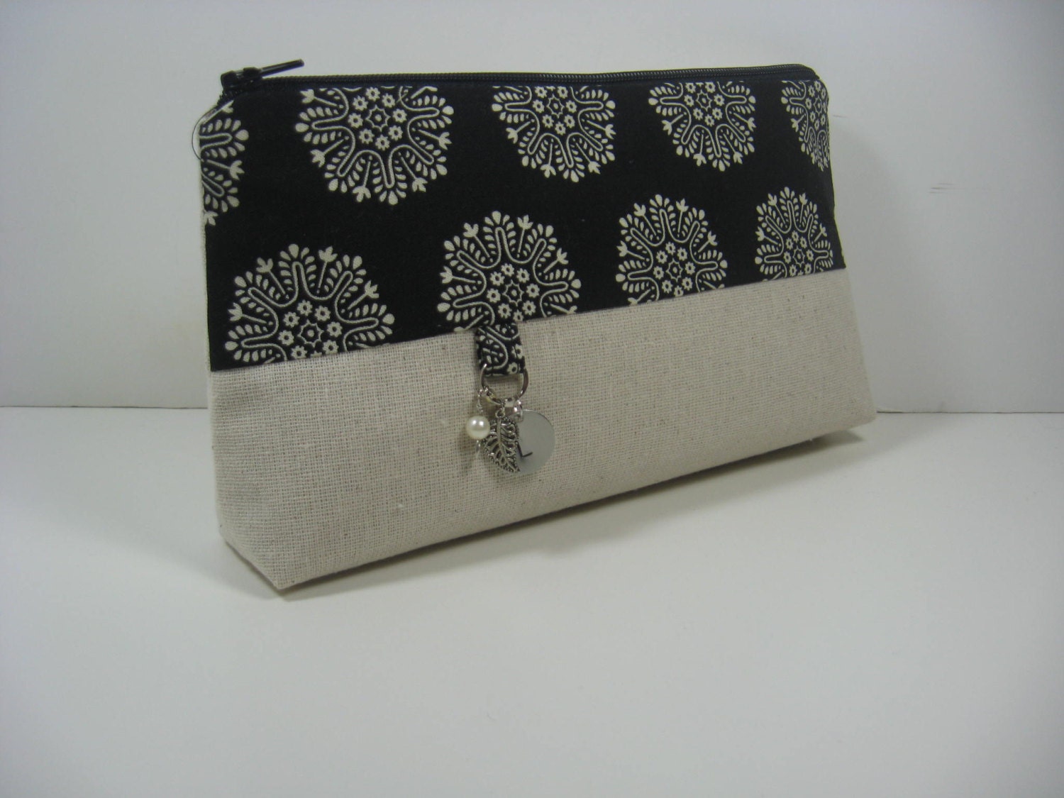 Personalized Clutch, Initialed, Bridesmaid Gift, Stamped Charm - Black and Cream