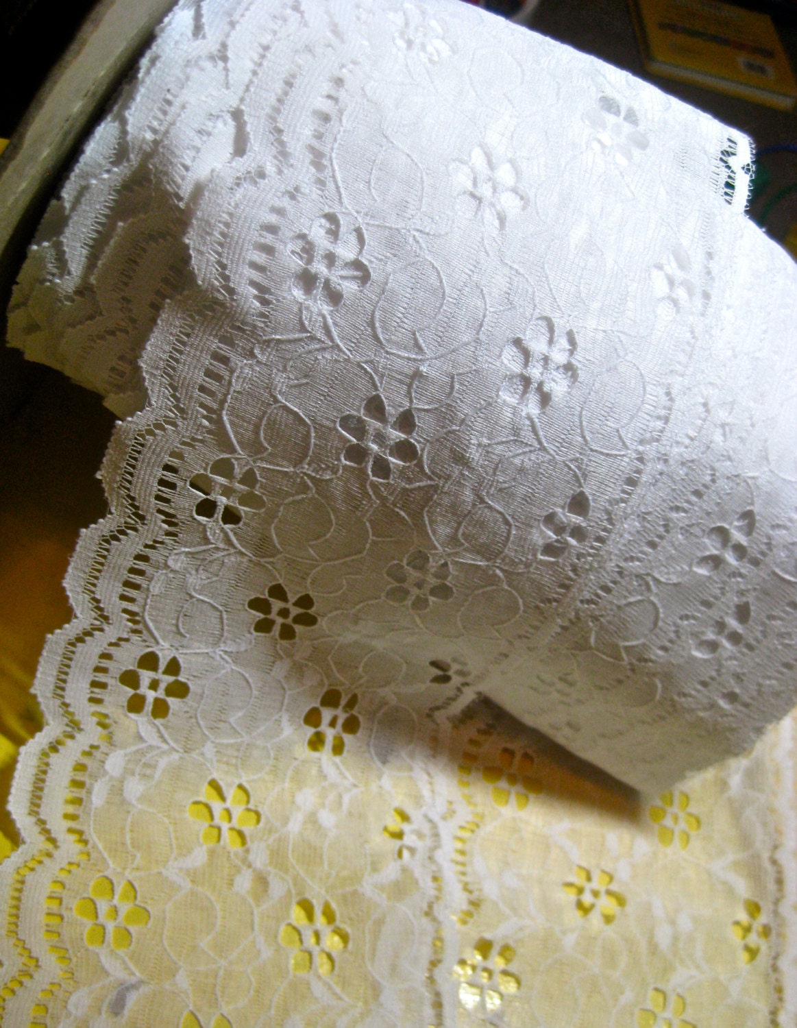 Extra wide WHITE eyelet lace VINTAGE   two yards  measures 4 1/4  inches wide scalloped edge