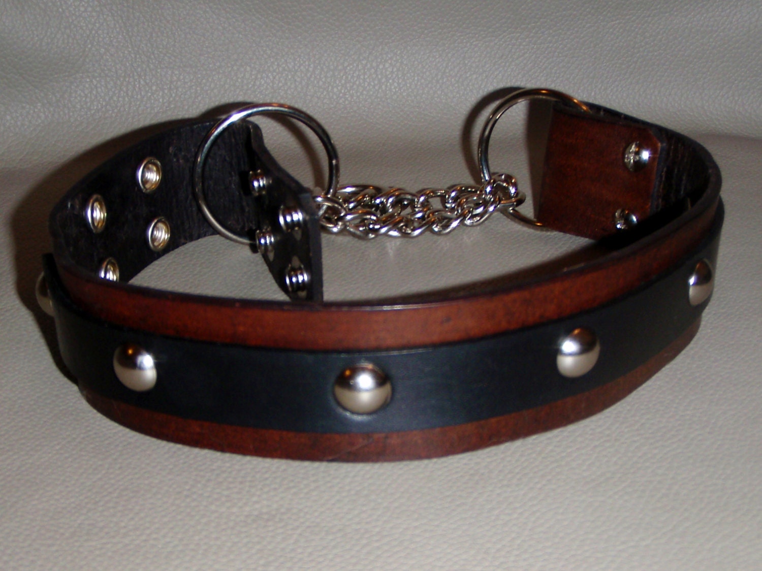 Custom Made 1.5 or 2 inch width Adjustable  Leather Snap Martingale Collar, with Accent Leather, Silver Domes and Choice of Color