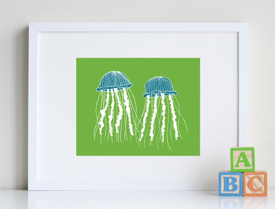 Jellyfish Art, ocean decor, sea life art prints 8 x 10 - different colors and sizes available