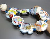 Melanie Moertel Lampwork Beads - Set of 8 handmade glass beads, ivory and blue - "Nauticus"