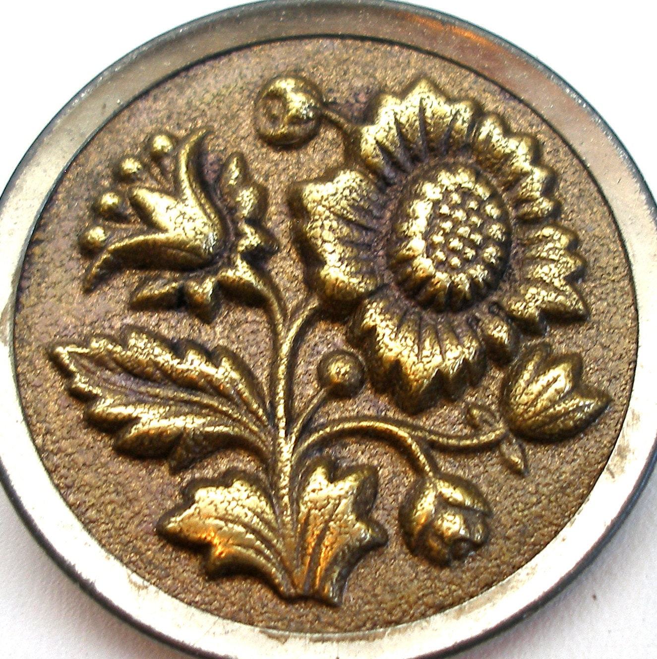XL 1800s metal BUTTON, Victorian Flowers in brass.