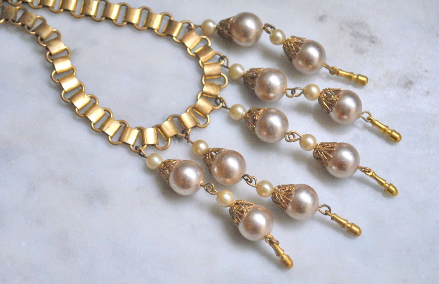 Fabulous Coro Pearl and Gold Bib Necklace from the 1940's