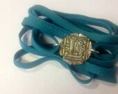 Fine silver wax seal initial and leather wrap bracelet