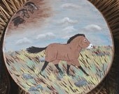 13" thirteen inch diameter real raw hide skin and cedar hoop frame shaman hand drum painted with Przewalski's horse and cave paintings