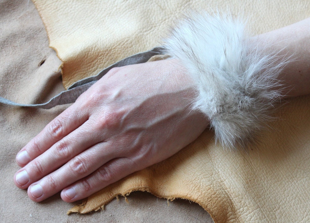 Fur bracelet - real blue fox fur cuff bracelet or anklet with recycled leather straps