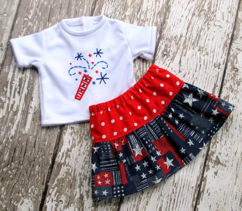 4th of July Fireworks Tee Shirt Twirl Skirt - American Girl Doll Clothes