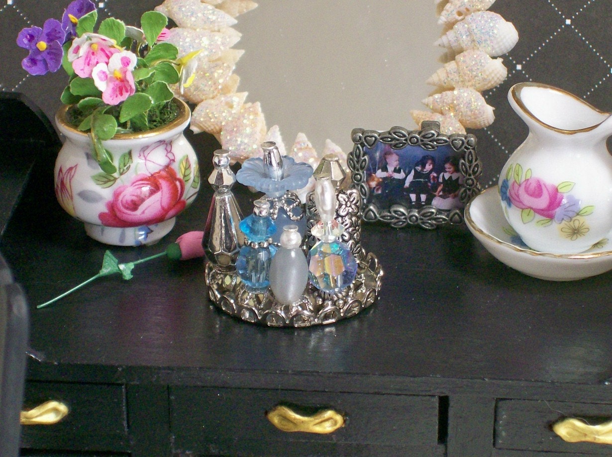 Dollhouse Miniature Perfume Bottle Set Blue Skies Silver One Inch Scale
