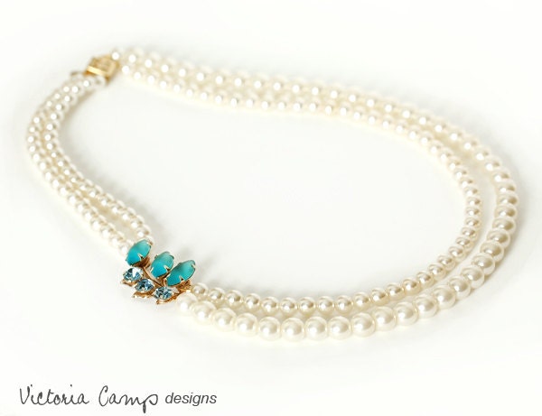 Eco Friendly Vintage Blue Rhinestone and White Pearl Double Strand Wedding Necklace, Upcycled, OOAK, Light Blue, Something Blue, Layered
