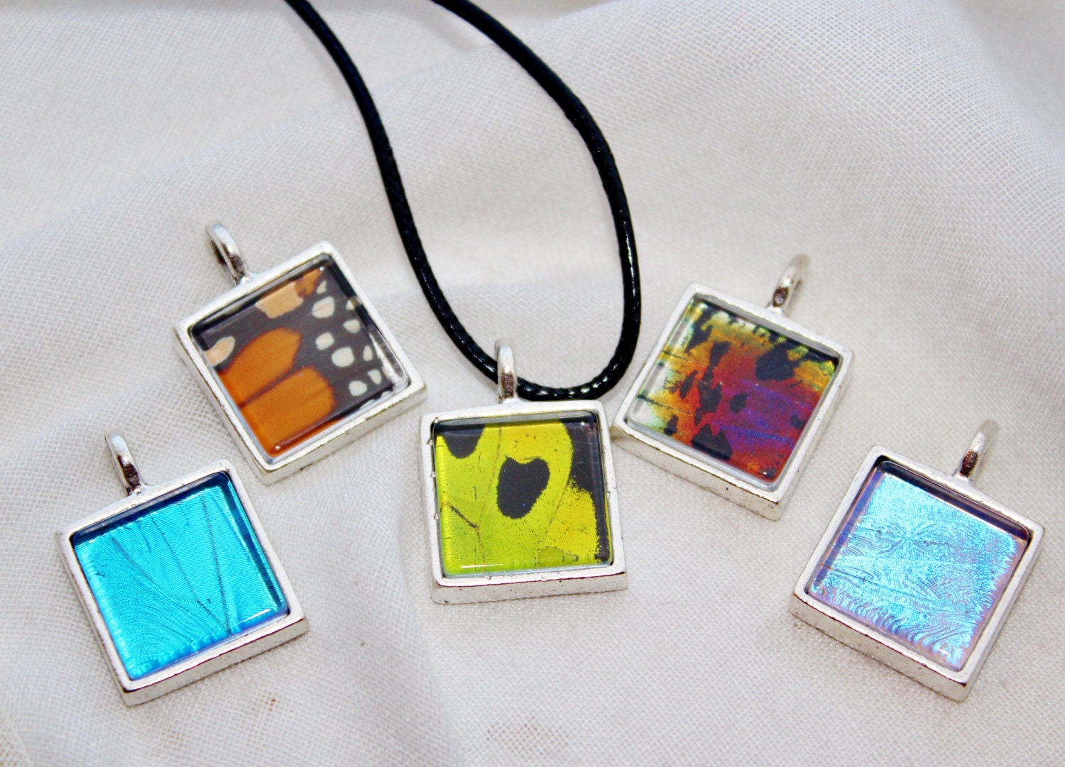 5 Real Butterfly Wing Necklaces  Set of 5 Bridal Party Gift Jewelry Morpho didius Butterfly Wing Square Silver Plated