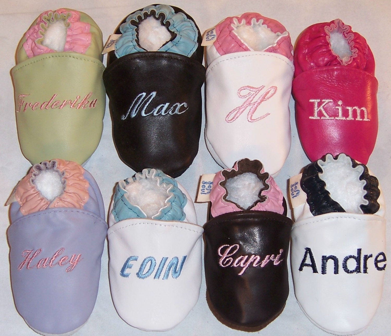 Monogrammed Moxies leather soft soled baby shoes