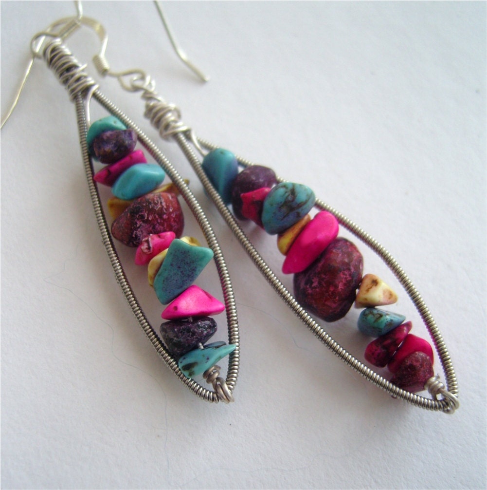 Guitar String Earrings - Upcycled Silver Guitar Strings and Dyed Jasper