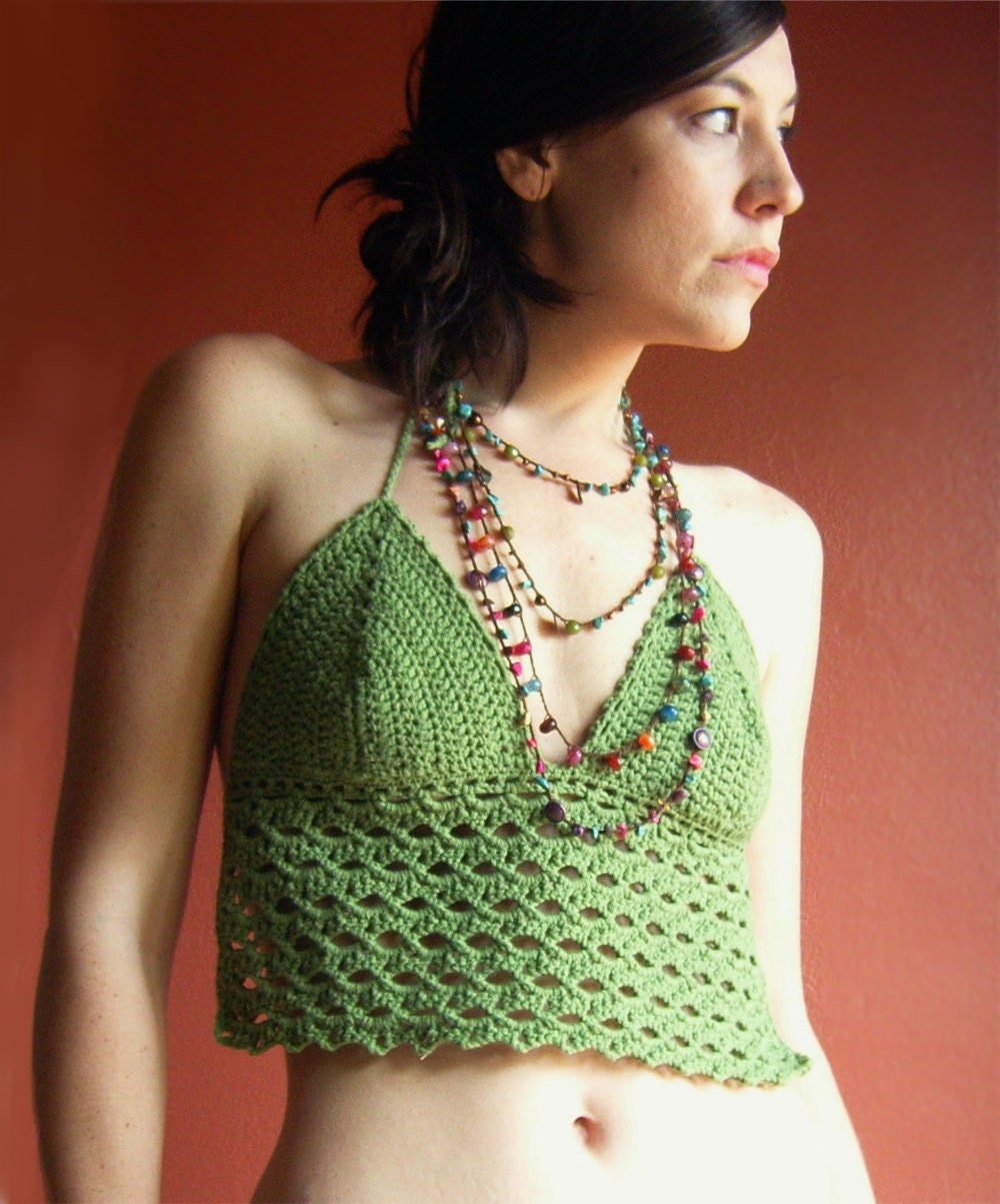 Festival Halter Top - Sage green halter boho lightweight bohemian hippie cotton blend crochet summer bikini