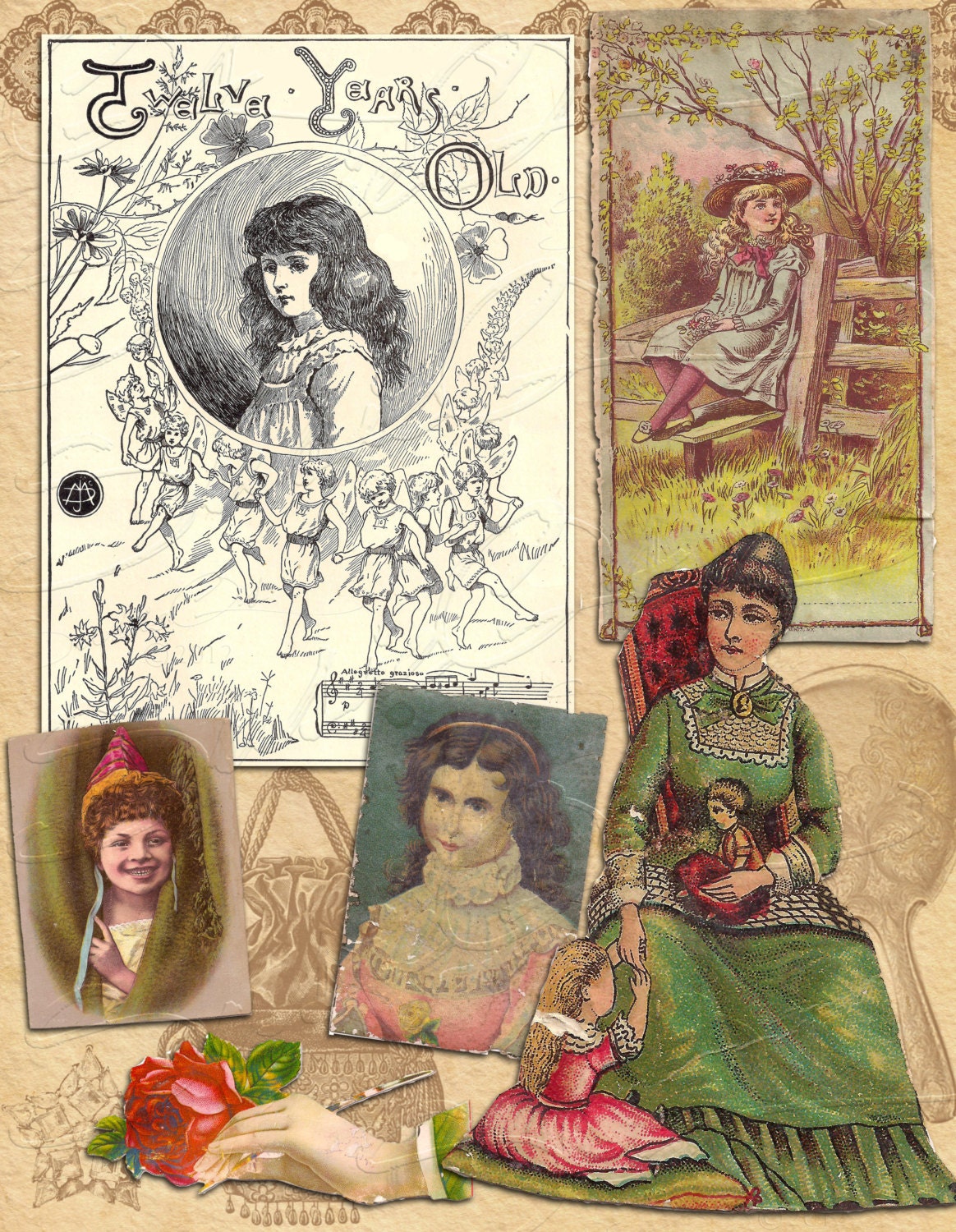 Odd Vintage Victorian Scrapbook Cutouts Little girls, Woman, Rose and Purse Altered Art Digital Download Collage Sheet 0055