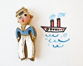 Vintage Sailor Boy Brooch - Hand Carved - 1940s