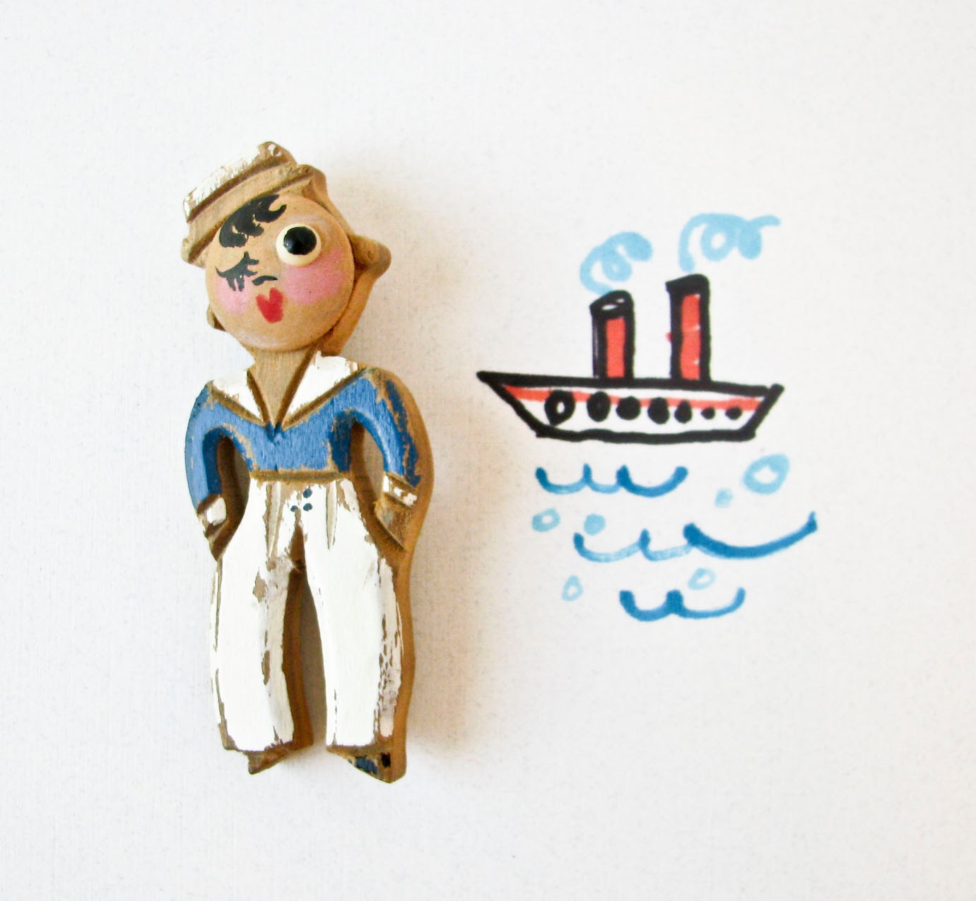 Vintage Sailor Brooch - Hand Carved - 1940s