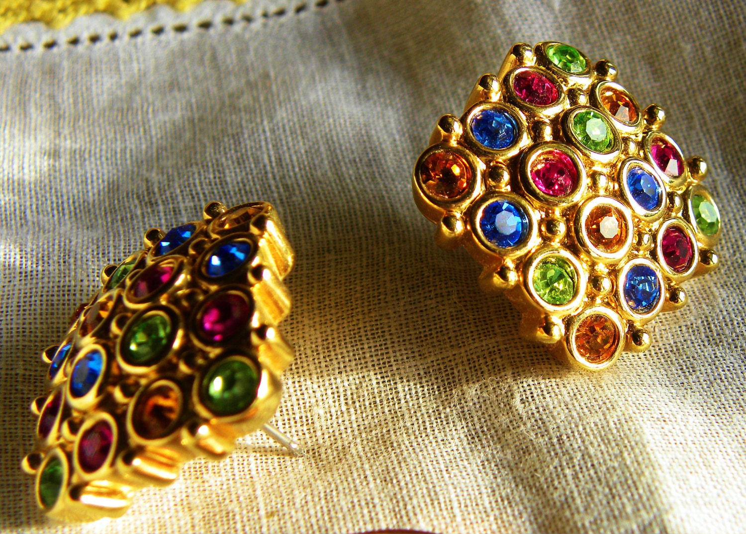 Vintage Earrings Pierced Multi Colored Rhinestones Square GoldTone Posts 1980s, Shipping Included