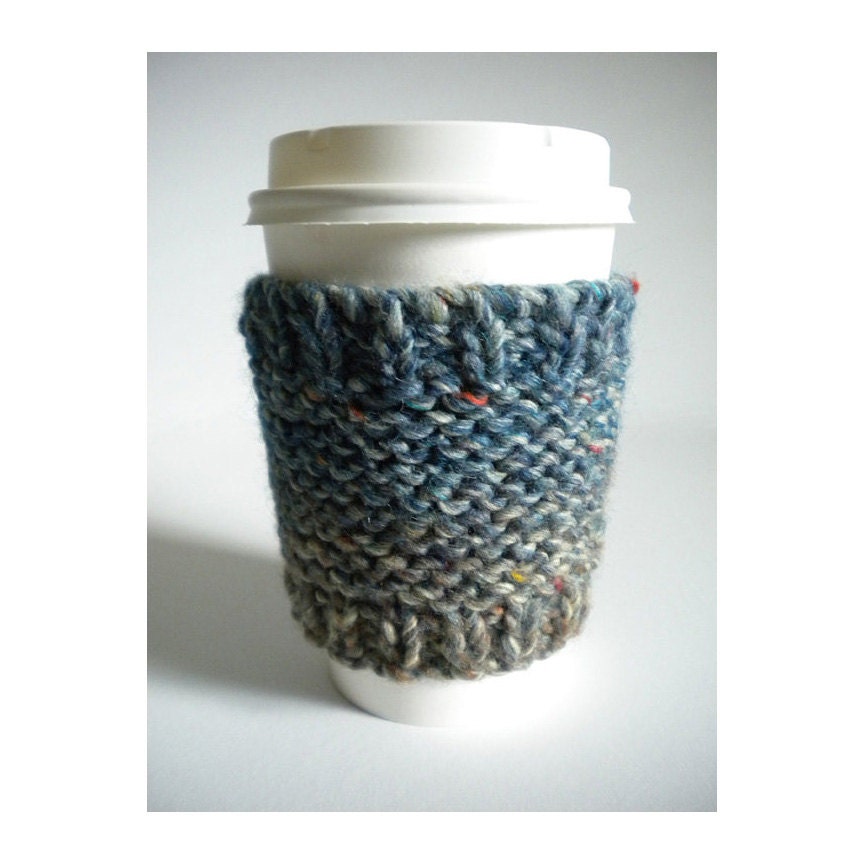 Knitted Cup Cozy - Blue Grey Brown Wool - Hand Knit To Go Cup Cosy Sweater