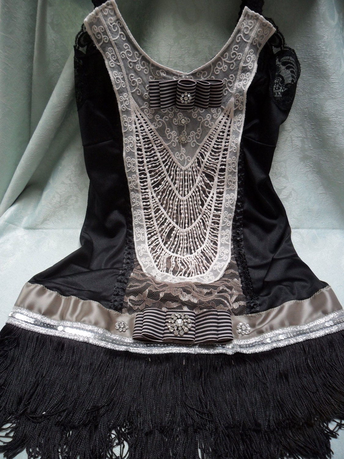 FLAPPER Great Gatsby 1920s Speakeasy Jazz Age Roaring 20s - Vintage Slip Make Over -Black and Taupe, Cream