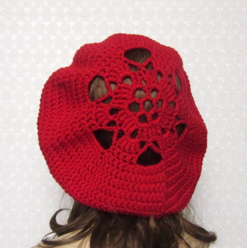 Red Slouchy Crochet Hat - Womens Slouch Beret - Ladies Tam - Spring Fashion Accessories