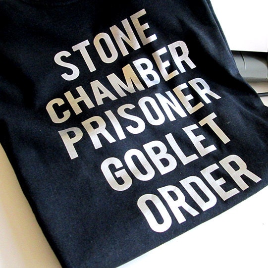 Harry Potter movie titles - black Tshirt tee silver foil print Unisex Mens Medium - M - hand printed