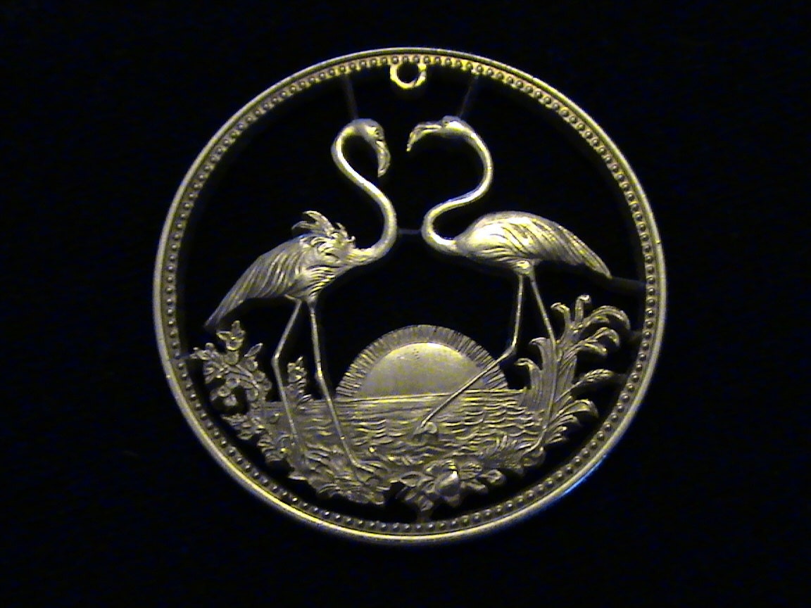 BAHAMAS - cut coin pendant - FLAMINGOS - 1972 - STERLING
