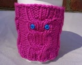 Owl Cup Cozy in Mauve with Bright Blue Button Eyes