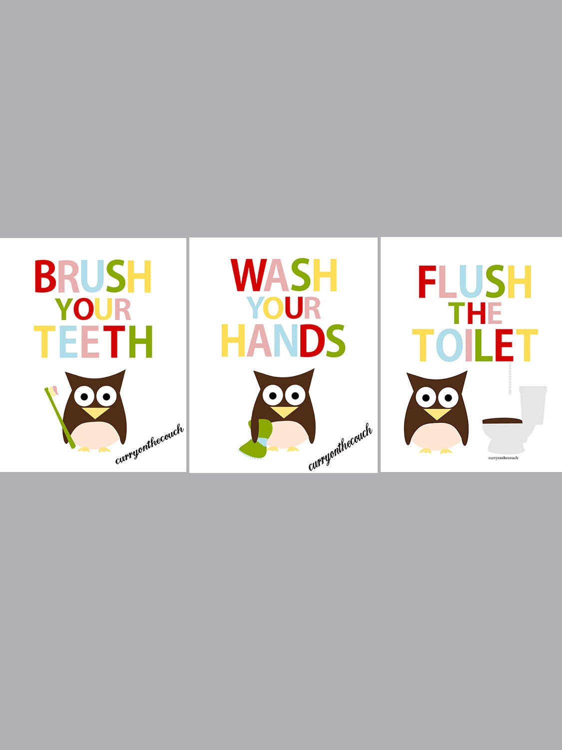 Owl bathroom art nursery manners - set of three - colors - digital print - 8x10 on A4