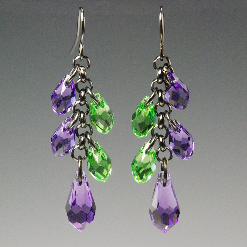 Bold and beautiful purple and green Swarovski crystal teardrop earrings