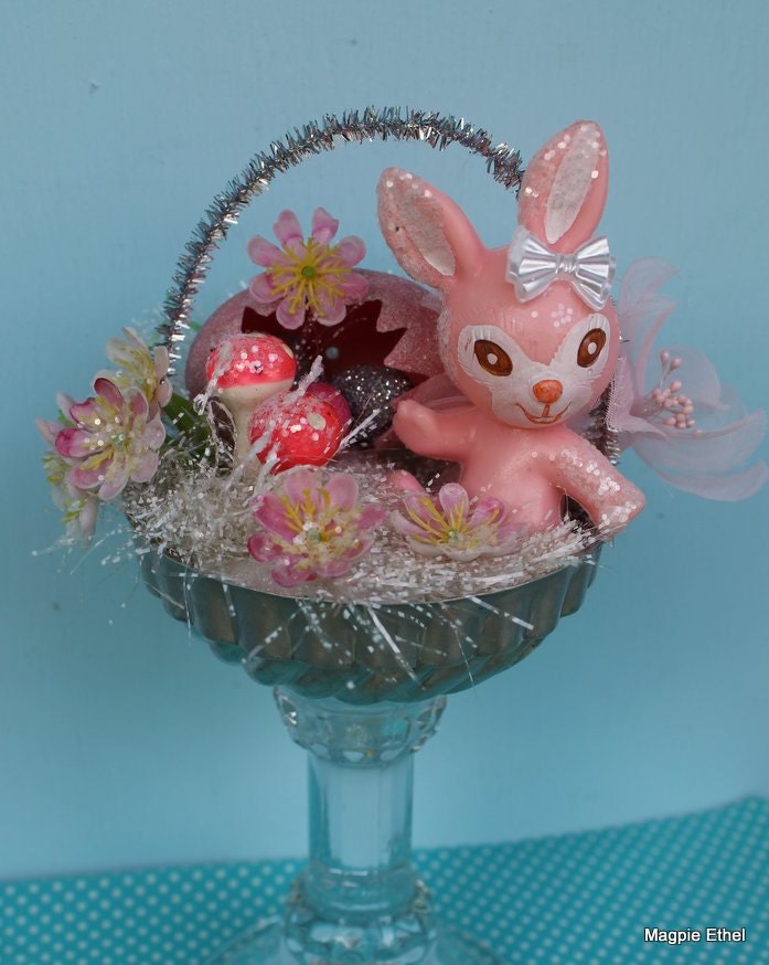 Vintage Style Easter Basket  - Tin Mold, Pink Bunny with Mushrooms