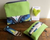 Coin Purse, Keychain, Tissue Case: Organize Your Purse Kit in Green & Navy Floral.