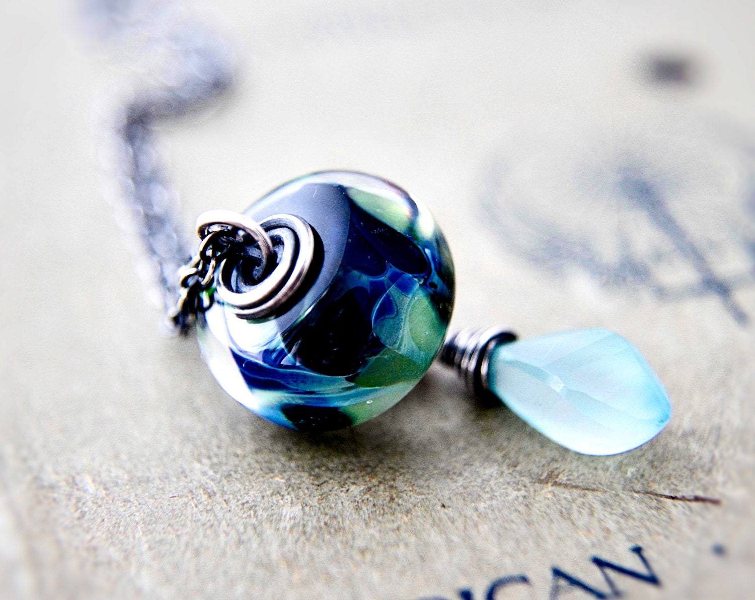 Ocean Blue Glass Bead Aqua Chalcedony Mint Indigo  Modern Sterling Silver Pendant