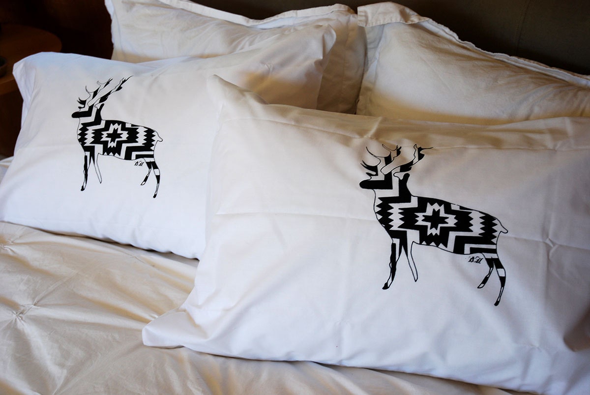 Ikat Deer Screen Printed Pillowcase Pair Black on White- pillow- stag- tribal-pattern- bedding- pillow cover