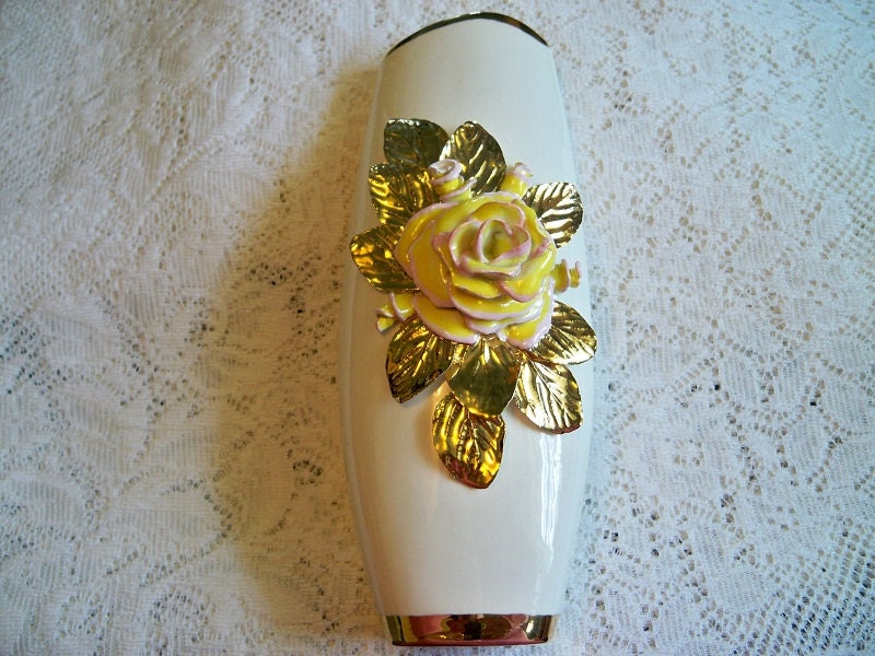 Vintage Yellow Rose China Vase 24K Gold Trim