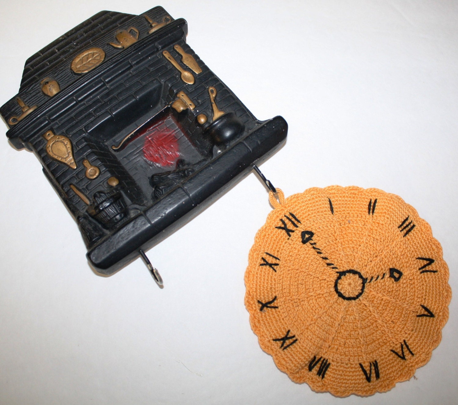Vintage, Rare, Kitchen Chalkware Fireplace, POT Holder Holder Plaque & crochet Clock Potholder
