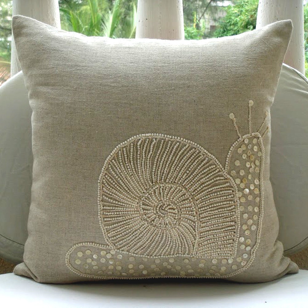 Decorative Throw Pillow Covers Accent Couch Pillow 16 Inch Linen Pillow Mother Of Pearl Embroidered Snail Pearls Bedroom Home Decor