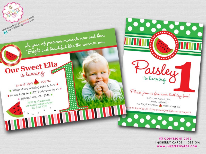 Sweet Watermelon First Birthday Party Invitation (Red or Pink) (Digital File OR Cardstock Printed Cards Also Available) Il_170x135