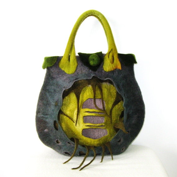 Felted Bag Purse Handbag Felt Wool Handmade Art Green Dark Grey