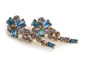 Vintage 50s Earrings/ Aqua Blue Rhinestone/ Tassel Ends/ Signed Phyllis