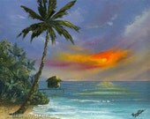 SUNSET HUT Original Palette Knife Oil Painting 11x14 Art Artwork Tropical Hawaii Kauai Maui Tahiti Palm Tree Ocean Tiki