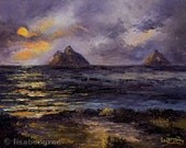 LANIKAI FULL MOON Original Palette Knife Oil Painting 9x12 Art Nocturne Plein Air Kailua Hawaii Mokuluas Island Ocean Shore Lisabongzee