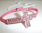 Pink Rhinestone Bling Cross Macrame Adjustable Bracelet - Free Shipping in US