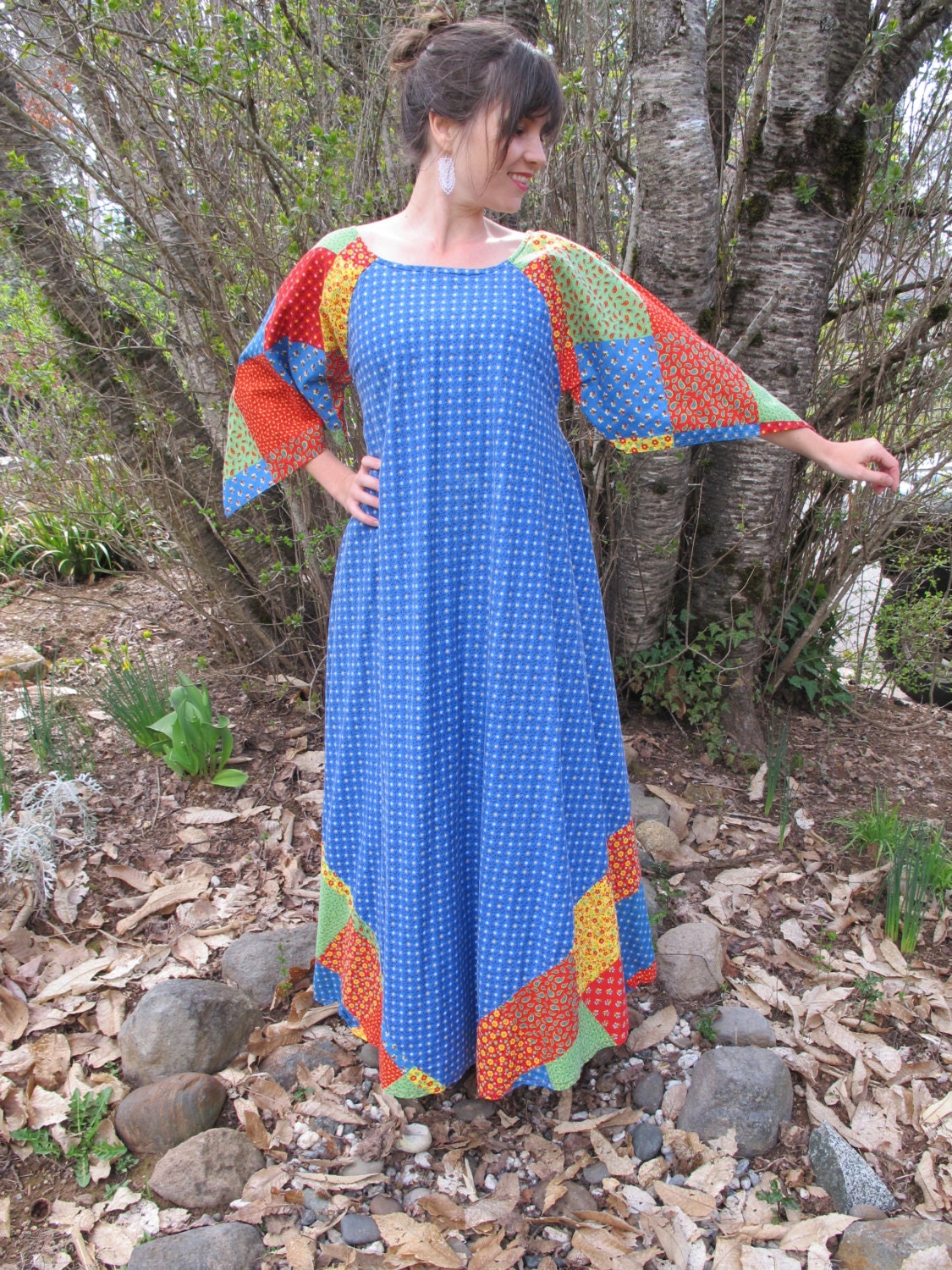 70s Bohemian Calico Angle Sleeve Dress
