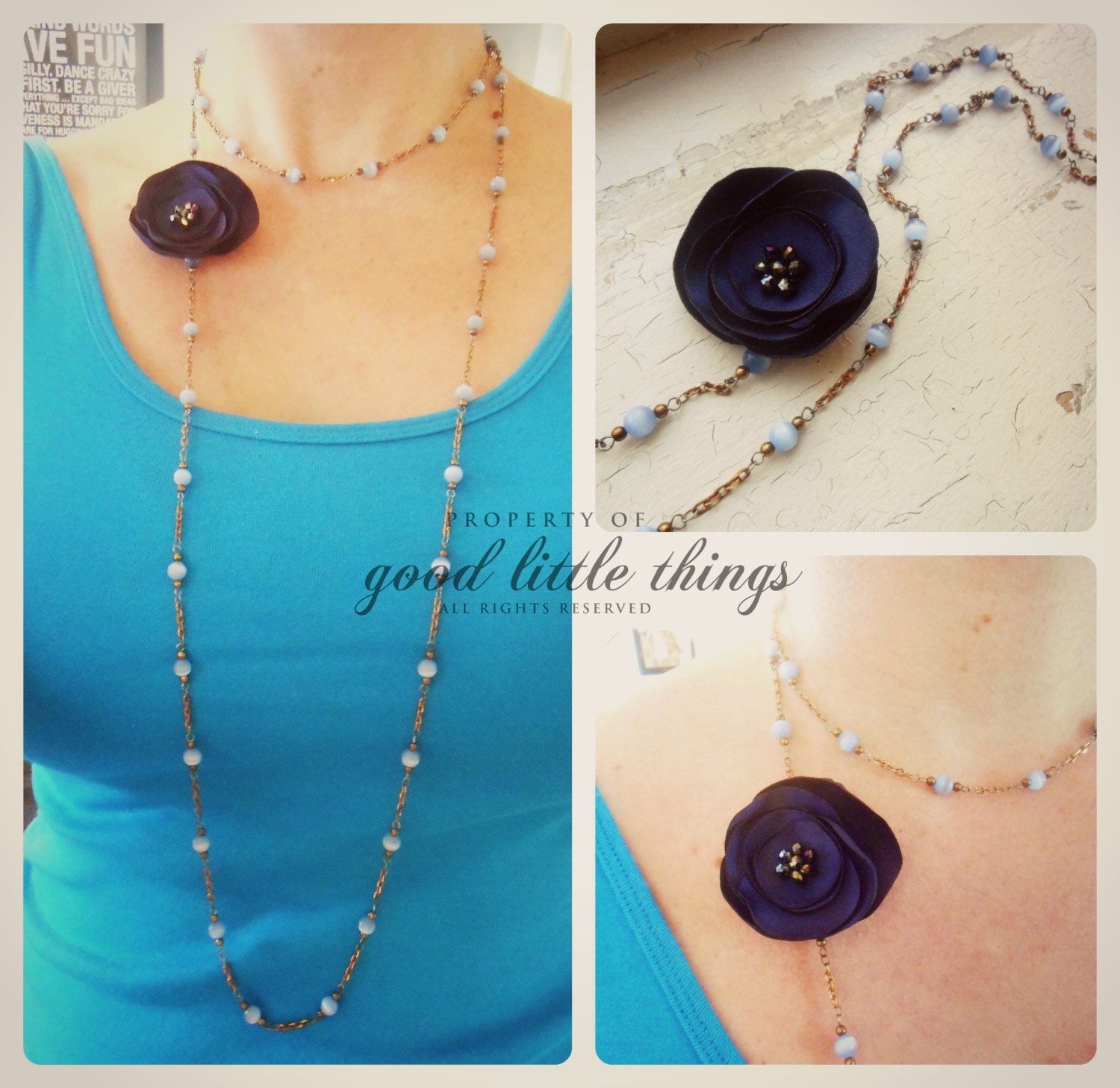 Long Flower Pendant Necklace with Vintage Chain