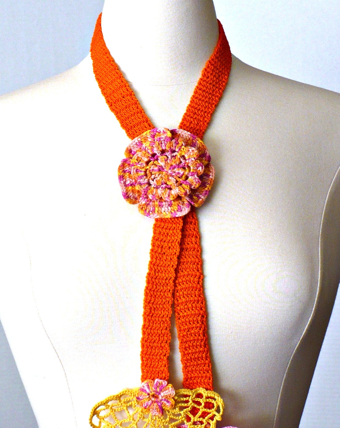Crochet Necklace Lariat Irish Lace Crochet Flower in Orange Pink and Yellow