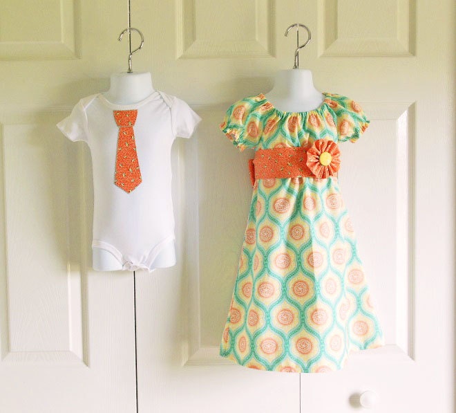 Brother Sister Matching Outfits - Girls Peasant Dress Boys Tie Onesie or Tie Tshirt - Clementine Blossoms and Birds