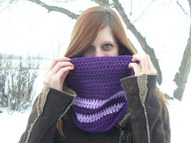 Purple Striped Crocheted Cowl